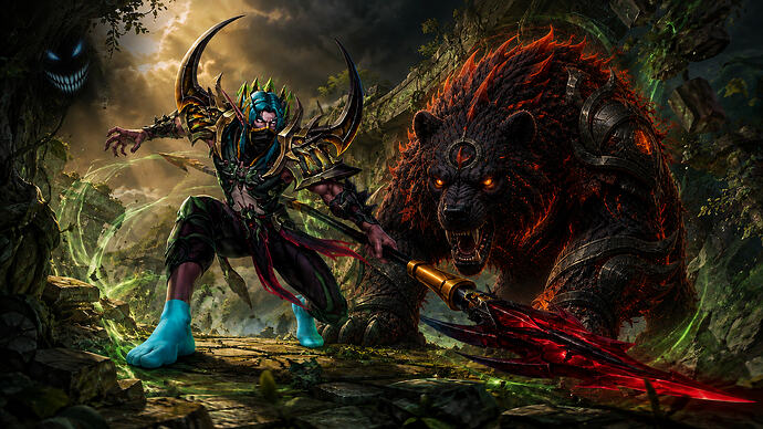 Thoornstar in humanoid and bear form, with the Flipcyde grin in the forest